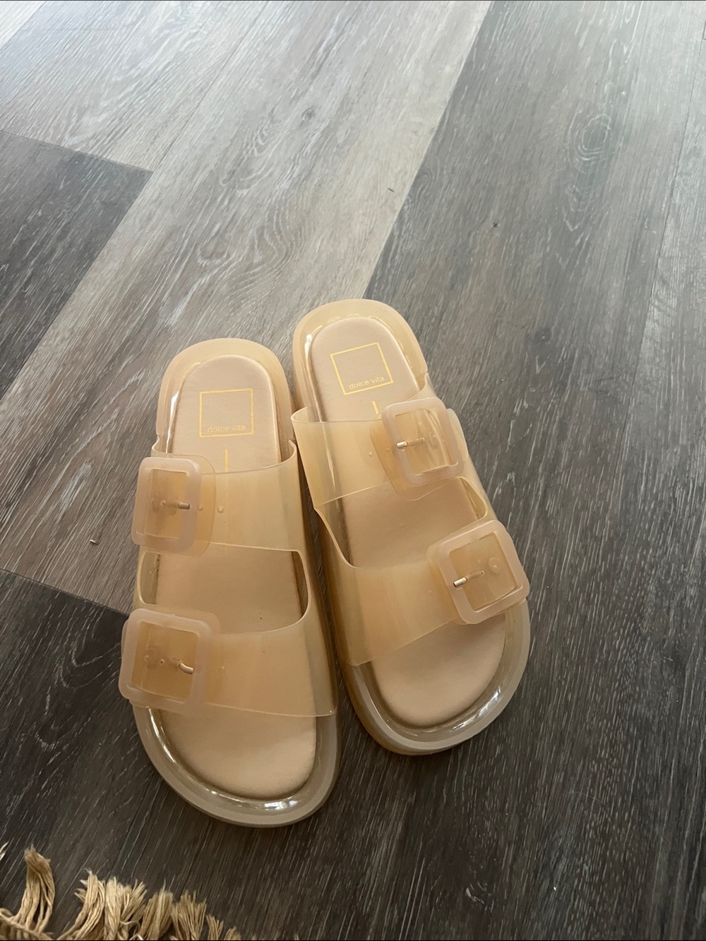 Dolce Vita Translucent Beige Double-Buckle Slide Sandals